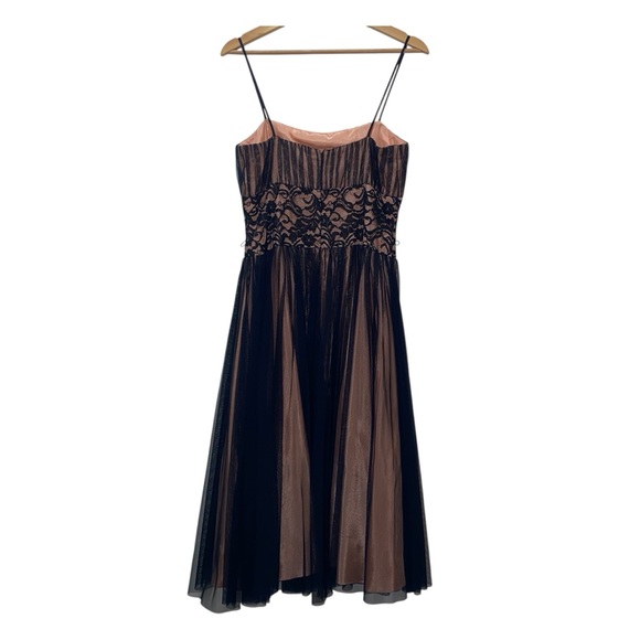 Betsy & Adam Black/Pink Midi Dress, Sheer black lace over pink satin, Size 8 - Picture 2 of 10